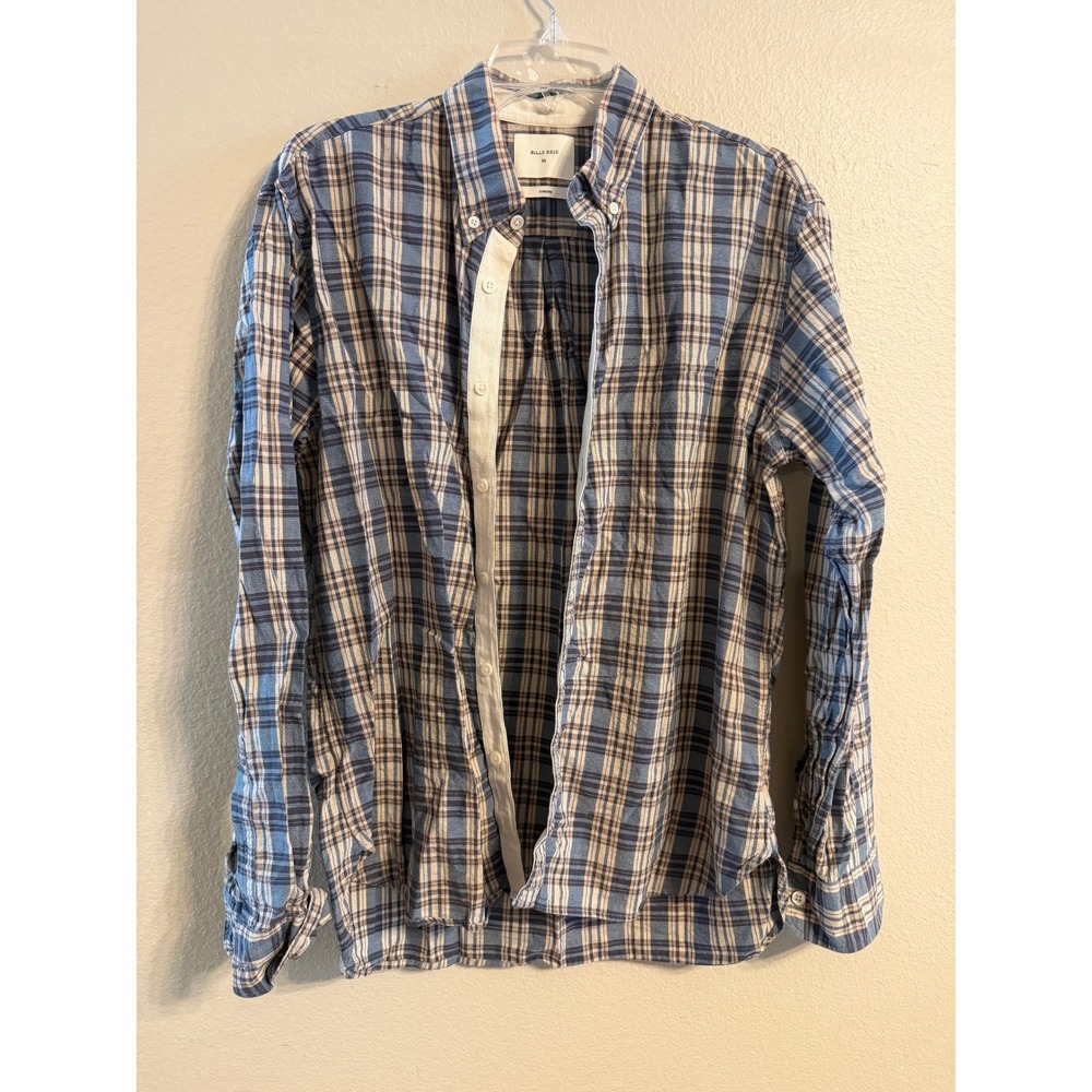 Billy Reid Mens Blue Tan Plaid Cotton Linen Standard Fit Button Down Shirt M